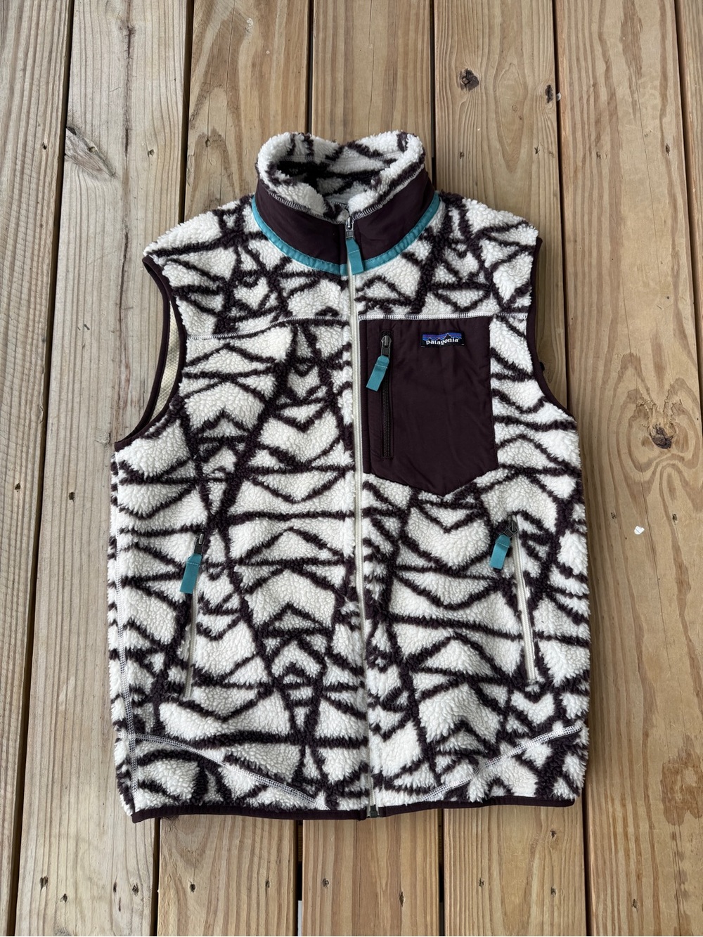 Patagonia Classic Retro-X Vest Mens Medium Pine Stamp Natural Fleece Zip 23048